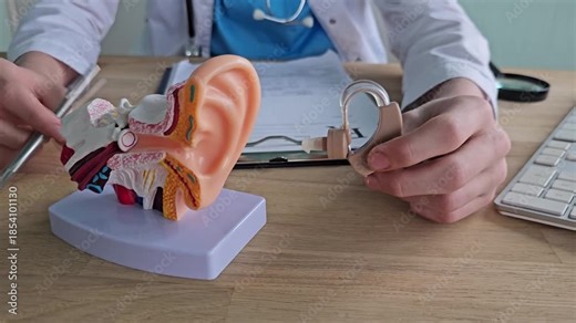 Understanding the structure of the ear in a medical setting with model and tools