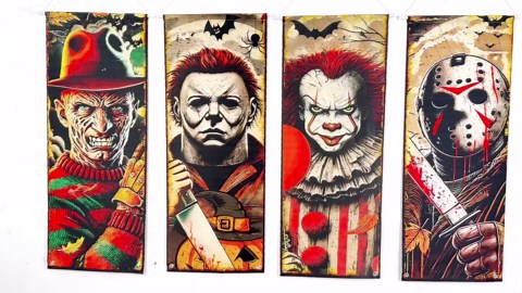 Horror Movie Character Halloween Decorations, Set of 4 Large Horror Paintings Backdrop Bloody Vintage Scary Movie Characters Stretching Portraits for Home Wall Door Decor Hanging Banner