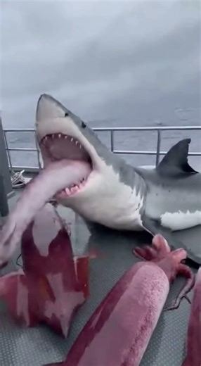 Shark Hits the Boat and Spits Out 30kg Squid on Impact🦑