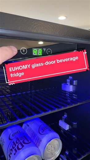 #stitch with @Kelley&Fletch Upgrade your space with the EUHOMY glass-door beverage fridge—designed for cold drinks, clean aesthetics, and everyday convenience. This compact 1.3 cu. ft. drink refrigerator fits up to 48 cans while staying small enough for bedrooms, home offices, dorms, salons, and bar corners. The blue LED interior light creates a sleek, modern look while letting you see exactly what’s stocked. With one-touch temperature control from 40–61°F, circulation cooling for even chill, an