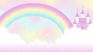 Animated background with rainbow and fairy tale castle in cloudy sky