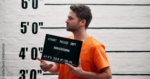 Man, criminal and law with sign for mugshot, violation or investigation of arrest in prison. Portrait of young male person or thief with orange clothing, billboard or number for jail photo or picture