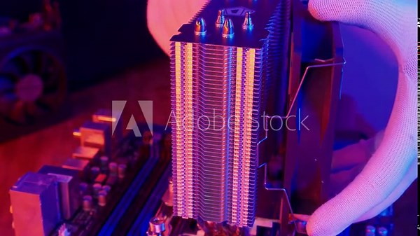 Air cooling system uninstalling on CPU Micro Processor in PC Motherboard close up. Technician cleans Hardware Computer components. Concept of desktop PC maintenance and service.