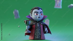 Cartoon Vampire Character 3D Animation Idle Front View Isolated on Green Screen Holding Cup for RPG Game Assets and VFX