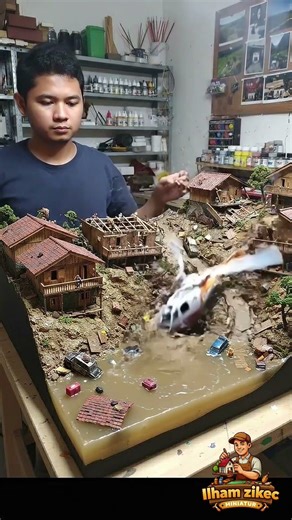 Flooded Village Rescue Fails as Helicopter Falls #miniature #village #flood #shorts