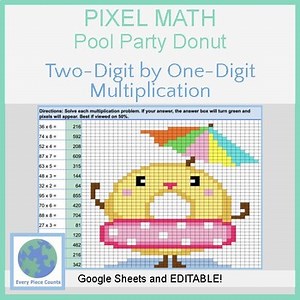 Pixel Art Math - Summer Pool Party Donut - Two-Digit by One-Digit Multiplication