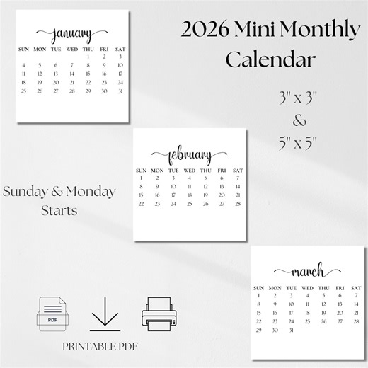 2026 Mini Monthly Calendar Printable | Small Desk Calendar 3x3 & 5x5 | Minimalist Planner Inserts PDF | Sunday Monday Start - Etsy