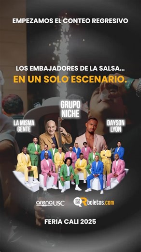 Arena USC on Instagram: "El cierre de la feria de Cali es en el escenario exclusivo de la ciudad: Arena USC🎉 Al ritmo de la mejor salsa que nos representa como Caleños. @gruponicheoficial @mismagenteoficial @daysonlyon 🔥El cierre de feria mas exclusivo e inolvidable solo en Arena USC🔥 🎫Adquiere tus entradas en www.qrboletos.com o en los puntos de venta autorizados. #arenausc #conciertos #qrboletos #feriadecali #cali"