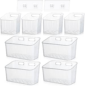 SiliFine 8 Pcs Storage Organizer Bins Wall Mounted Organizer Basket Clear Stackable Hanging Baskets Plastic Cabinet Door Organizer for Organizing for Wall Refrigerator Kitchen Bathroom Pantry