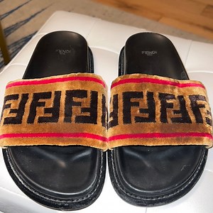 Fendi Ff Logo Printed Velvet Slides Sandals size 39