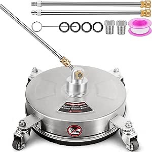 14'' Pressure Washer Surface Cleaner, Power Attachment for Driveways Sidewalks Patios Cleaning, Stainless Steel Cleaner with 4 Wheels, 1/4'' Quick Connector, 2 Extension Wand, 4000 PSI