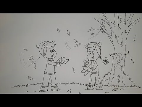 Kako nacrtati Jesen u mom kraju/How to draw Kids playing with a fallen Autumn leaves