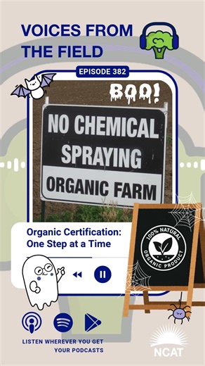 Don't get spooked! 👻 Making the transition to certified organic farming doesn't have to be scary! 😱 NCAT has resources to help you wherever you are in your farming journey.👣 In the latest episode of Voices from the Field, NCAT Agriculture Specialists Audrey Kolde, Ann Baier, and Andrew Coggins share their collective wisdom on the organic certification process. 🎧 Tune in to Episode 382: Organic Certification: One Step at a Time ➡️ https://buff.ly/m50tv6N , to learn how to make your transition