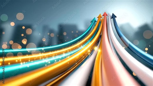 Abstract top down visualization of a bright colorful digital analytics concept sweeping arcs of line graph data cascading upward like architectural spires into a clear sky the