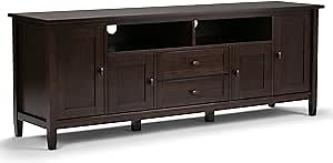 SIMPLIHOME Warm Shaker TV Stand - 72 inch Wide Solid Wood Media Console in Tobacco Brown, Transitional Entertainment Center for Living Room for TVs up to 80 Inches with Cabinets and Cable Management