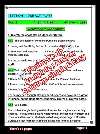Facing Death class 12 exercise | part : 2 answer | facing death one act play |#neb#class12 #english