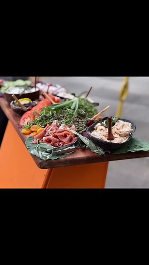Imagine this with a beautiful bagel basket?! Nutella, lox, scallion cream cheese, berry cream cheese, sundried tomato cream cheese, jams, sprouts and veggies. Yum! | Vittles Catering