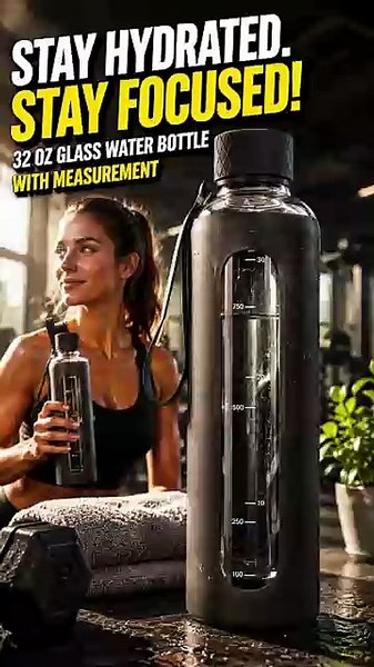 KIVY Glass Water Bottle 32 oz – Silicone Sleeve & Measurement Markers