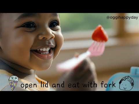 Toddler learns to open container lid and use fork