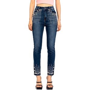 [Hot Item] Design Pearls Rivets Rhinestones Side Split Skinny High Waisted Jeans for Women