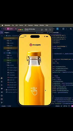 Flutter | Mobile App Developer | Dart on Instagram: "🍓🍉 Fruit Lips - Juice Bottle App 🍊🍍 Check out the smooth and refreshing animation for the Fruit Lips app! 🥤✨ The perfect blend of vibrant design and seamless transitions to give you a juicy experience right at your fingertips! 🍓💧 Built with: Flutter & Custom Animations 🍉🍍 Let me know your thoughts on this fruity creation! . . . . . #reels #fyp #flutter #eidspecial #goals #motivation #successmindset #flutterdeveloper #flutterdev #flutt
