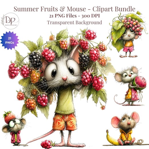 Cute Mouse Clipart 21 PNG, Summer Fruit Clipart, Kawaii Mouse With Berries, Strawberry Blackberry Clip Art, Funny Animal, Sublimation Design - Etsy