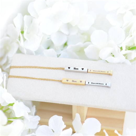 Mom Where LOVE Blooms | Hidden Message | Engraved Bar Necklace | Mom Necklace | Gifts for Her | Minimalist Necklace - Etsy