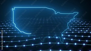 Digital Information technology map outline of USA United states of America with glowing lines and particles animated background