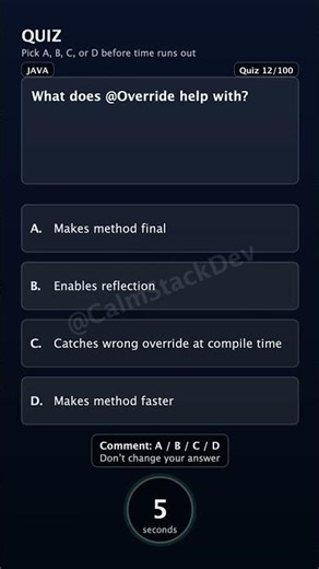 Quiz - 012 | What does @Override help with? | #shorts #java #quiz