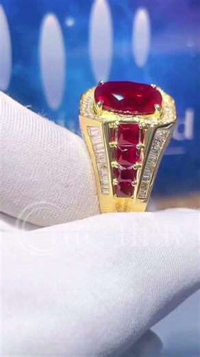 Cushion Cut Ruby & Multi-Cut White Sapphire Men's Ring