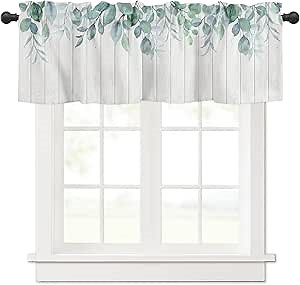 Curtain Valances for Windows,Green Eucalyptus Leaves on Wooden Board Semi Sheer Valance Curtains,Rod Pocket Short Window Treatment,Window Valance Curtains for Kitchen Living Room Bedroom 54"x18"