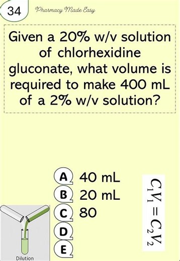 35-Caclulation:Given a 20% w/v solution of chlorhexidine gluconate, what volume is required.........