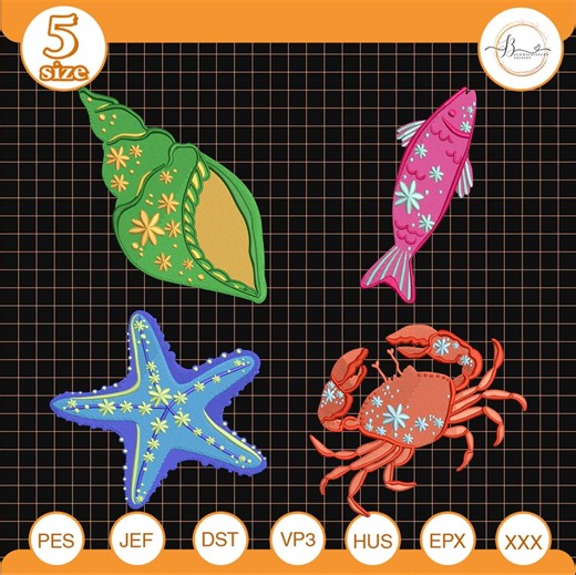 Sea Life Embroidery Bundle, Shell Fish Starfish Crab Designs, Coastal Nautical Stitch File, Ocean Theme Gift Idea - Etsy