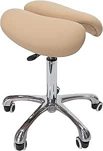 Saddle Stool with Wheels Rolling Chair - Ergonomic Split Seat Design, 360° Swivel Mobility, and Heavy Duty Adjustable Height - Professional Salon, Massage & Esthetician Spa Stool - (Beige)