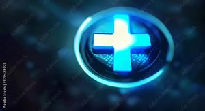 A digital futuristic background featuring a medical plus symbol on a blue button illustrating futuristic healthcare technology
