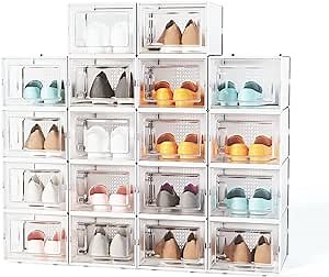 Pellebant Shoe Boxes Clear Plastic Stackable,18 Pack Shoe Storage Boxes Fit up to US Size 14,X-large/White