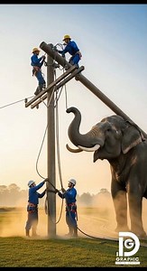 Linemen working on a power pole with an elephant lending a trunk! 🐘👷🏽‍♂️⚡