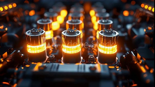 Electric Vehicle Battery Pack Module, Close-Up of Lithium-Ion Cells with Glowing Orange Light, Future of Energy and Sustainable Transportation