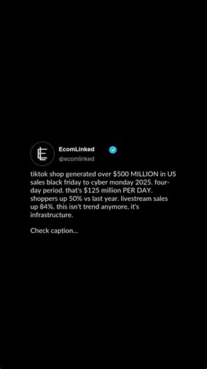 Ecomlinked.io | last year tiktok shop did $100 million black friday ALONE. this year $500M across four days. 5X growth. emarketer projects $15.82 BILLION... | Instagram