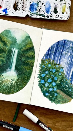 Liz Kis | Artist & Surface Pattern Designer 🎨 on Instagram: "The feeling of finishing a sketchbook 🤌🏼 I’m so excited to start a new one! I’ve been buying the same sketchbook for over a year and if you’re interested in trying it I have it tagged in my “supplies” story highlight as well as my storefront. I use gouache and watercolor and it works perfectly for both mediums. Can you spot the moment I got fed up with winter? ☠️ I liked the idea of painting seasonally but I don’t think I can do it!