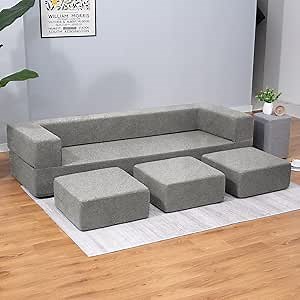 Fold Convertible Futon Sofa Bed Floor Couch Bed for Living Room, Light Grey
