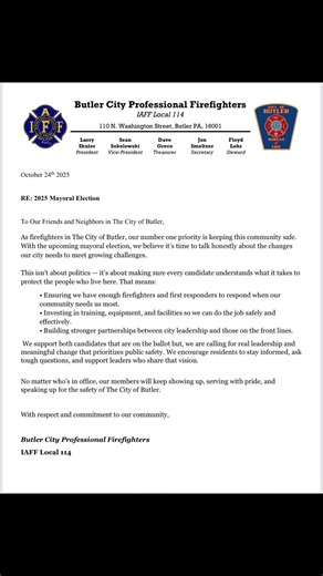 Release regarding the upcoming mayor election from the Butler City Firefighters. They support "both candidates ON the ballot" however, they encourage people to do what we've been encouraging you to do, look at both and make an informed choice. No mention of support for any one not on the ballot....just pointing that out | Bottom Shelf Butler News BSBN