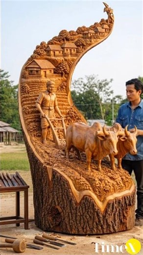 wood-carving transformation from raw log → masterpiece sculpture.
