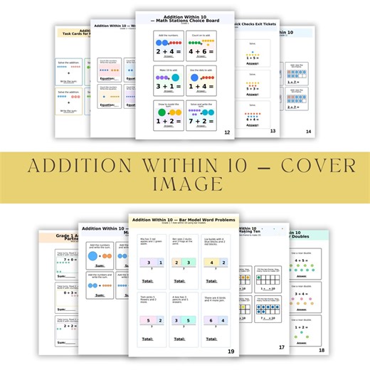 Addition Within 10 Math Stations 1st Grade — Printable Worksheets, Centers & Task Cards (no-prep PDF) - Etsy