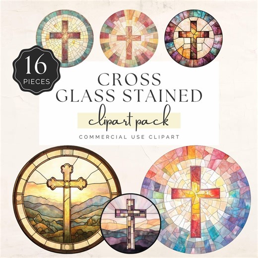 Glass Stained Window Clipart, Christian Cross Watercolor Inspired, for Crafting and Round Sticker Making, 16 PNG Graphics | UC012 - Etsy
