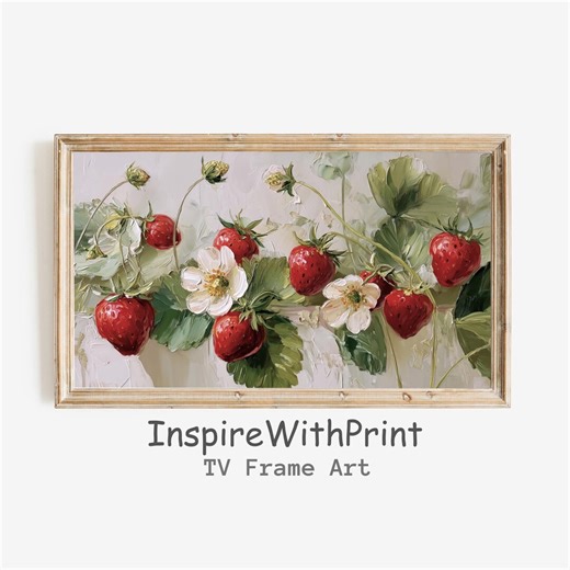 Strawberry Blossom TV Frame Art, Vintage Strawberry Botanical Painting for Samsung Frame TV, Cottagecore Kitchen Fruit Wall Decor - Etsy