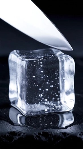 A massive, crystal-clear ice cube is perfectly centered on a matte black volcanic stone cutting slab inside a high-end luxury cold studio. Controlled cool cinematic lighting creates pristine highlights and razor-sharp reflections across the glass-like ice surface. The ice is flawlessly transparent, with subtle suspended micro-bubbles visible in extreme macro detail. A mirror-finish, ultra-sharp precision knife lowers slowly with steady, even pressure. The blade glides effortlessly through the ic