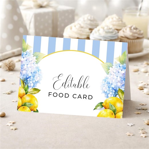 Food Labels Buffet Tent Folded Cards Template, Citrus & Hydrangea Florals Blue Stripes, Printable and Editable in Canva - Etsy