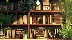 Old Library Books with bookshelf and landscape view in anime or cartoon illustration style animation background