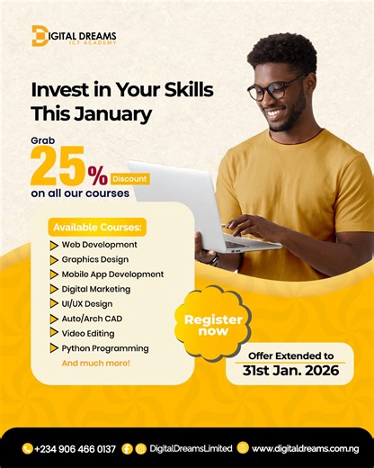 You Asked — We Listened! Due to popular demand, Digital Dreams ICT Academy has extended our 25% discount on ALL courses — now valid till 31st January 2026! Take advantage of this opportunity to gain practical, in-demand ICT skills: ✅ Web Development ✅ Cyber Security / Advanced Cyber Security ✅ Data Analysis ✅ Python Programming ✅ UI/UX Design ✅ AutoCAD ✅ Digital Marketing ✅ Animations ✅ Video Editing ✅ Computer Basics And much more .... This is your moment to start or upgrade your tech journey a
